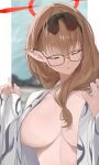  1girl absurdres blue_archive breasts chankuro chinatsu_(blue_archive) chinatsu_(hot_spring)_(blue_archive) closed_eyes closed_mouth glasses halo highres large_breasts light_brown_hair long_hair pointy_ears red_halo solo upper_body 