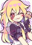  1girl absurdres blonde_hair cake commission food fruit heart heart-shaped_pupils highres koga_twin_(female) kyouda_suzuka long_hair looking_at_viewer maid one_eye_closed original skeb_commission strawberry striped striped_background symbol-shaped_pupils tongue tongue_out 