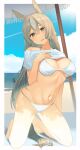  1girl animal_ears arm_at_side ashinowoto barefoot beach beach_towel beach_umbrella bikini blush breasts brown_hair cleavage clothes_lift cloud contrail day full_body head_tilt highres horizon horse_ears horse_girl horse_tail kneeling lifted_by_self long_hair looking_at_viewer medium_breasts navel open_mouth outdoors satono_diamond_(umamusume) shade shirt shirt_lift short_sleeves solo swimsuit tail toes towel umamusume umbrella very_long_hair white_bikini white_shirt yellow_eyes 