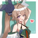  1girl ahoge arm_behind_head arm_up attilio_regolo_(azur_lane) azur_lane bare_shoulders black_ribbon blush border brown_hair collarbone criss-cross_halter crossed_bangs detached_sleeves fang flat_chest green_background hair_between_eyes hair_ornament hair_ribbon halterneck heart heart-shaped_pupils heart_ahoge long_hair looking_at_viewer mole mole_under_eye open_mouth oruk outside_border purple_eyes rabbit_hair_ornament ribbon signature simple_background skin_fang smile solo symbol-shaped_pupils twintails white_border white_ribbon wide_sleeves 