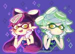  2girls blush callie_(splatoon) cross-shaped_pupils detached_collar earrings gloves hachi_gm jewelry long_hair marie_(splatoon) multiple_girls open_mouth pointy_ears purple_background purple_hair short_hair sparkle splatoon_(series) symbol-shaped_pupils tentacle_hair white_gloves white_hair 