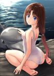  1girl abo_(hechouchou) after_war_gundam_x ass breasts brown_hair dolphin feet from_behind full_body gundam long_hair looking_at_viewer looking_back ocean one-piece_swimsuit parted_lips purple_eyes sitting solo swimsuit tiffa_adill toes water white_one-piece_swimsuit 
