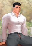  1boy absurdres bara black_hair closed_mouth collared_shirt day glasses grey_pants highres large_pectorals male_focus mikicat muscular muscular_male open_pants original outdoors pants pectorals penis penis_peek shirt short_hair smile solo white_shirt 
