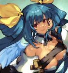  1girl angel_wings asymmetrical_wings bare_shoulders belt blue_hair breasts cleavage cleavage_cutout clothing_cutout detached_collar detached_sleeves dizzy_(guilty_gear) guilty_gear guilty_gear_xrd hair_between_eyes hair_rings hand_on_own_face jako_(toyprn) large_breasts long_hair looking_at_viewer mature_female monster_girl red_eyes shaded_face sidelocks smile solo twintails upper_body wings 