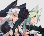  2girls :3 animal_ear_headwear animal_ears art556_(girls&#039;_frontline) assault_rifle black_dress blood blood_on_face blood_on_weapon blush chesed_(uporyz) closed_eyes club_(weapon) commentary_request dress from_side girls&#039;_frontline gloves green_hair grey_background gun highres holding holding_gun holding_weapon juliet_sleeves long_hair long_sleeves multiple_girls nun open_mouth orange_eyes p7_(girls&#039;_frontline) profile puffy_sleeves rifle simple_background spiked_club sweat taurus_art556 upper_body weapon white_gloves 