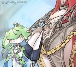  1boy 1girl artist_name blush bracelet breast_envy colored_skin cottondog_ouob fish_boy from_side furry gem green_horns jewelry looking_at_another looking_at_pectorals meme pectoral_envy_(meme) pectorals pout red_skin sidon sparkle the_legend_of_zelda the_legend_of_zelda:_tears_of_the_kingdom upper_body whistle yellow_eyes yona_(zelda) zora 