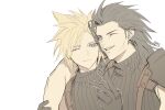  2boys arm_around_shoulder armor black_gloves black_hair blonde_hair blue_eyes closed_mouth cloud_strife commentary cross_scar duoj_ji earrings final_fantasy final_fantasy_vii final_fantasy_vii_rebirth final_fantasy_vii_remake gloves grin hair_pulled_back heads_together highres jewelry looking_at_another looking_at_viewer male_focus multiple_boys one_eye_closed parted_lips ribbed_sweater scar scar_on_cheek scar_on_face short_hair shoulder_armor sleeveless sleeveless_turtleneck smile spiked_hair stud_earrings suspenders sweater turtleneck turtleneck_sweater twitter_username upper_body v white_background zack_fair 