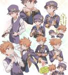  2boys adjusting_belt adjusting_sleeves belt blue_oak blue_oak_(champion) brown_eyes brown_hair buttons closed_eyes closed_mouth coat collared_shirt commentary hat hat_ornament huan_li looking_down male_focus multiple_boys multiple_views official_alternate_costume pants pokemon pokemon_(game) pokemon_masters_ex red_(champion)_(pokemon) red_(pokemon) shirt short_hair smile sparkle speech_bubble spiked_hair translation_request vest 