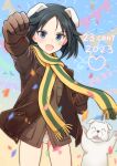  1girl animal_ears bandaid bandaid_on_face black_eyes black_hair brave_witches dated dog dog_ears fang gloves happy_birthday jacket kanno_naoe long_sleeves military_uniform olive_gun_on_a_pigeon open_mouth panties scarf short_hair solo underwear uniform world_witches_series 