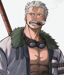  1boy abs bara cigar facial_hair frown goatee_stubble goggles goggles_around_neck grey_hair highres large_pectorals long_sideburns looking_to_the_side male_focus mature_male one_piece pectoral_cleavage pectorals short_hair sideburns smoker_(one_piece) solo stubble tonta_(tonta1231) upper_body 