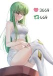  1girl absurdres bare_arms blush breasts budgiepon c.c. code_geass commentary crop_top crossed_bangs crossed_legs curvy english_commentary eyes_visible_through_hair feet_out_of_frame from_side green_hair hair_between_eyes heart highres lips long_hair looking_at_viewer medium_breasts meme navel parted_lips shirt shorts shy sidelocks simple_background sitting solo stomach straight_hair thighhighs thighs twitter_strip_game_(meme) undressing very_long_hair white_background white_shirt white_shorts white_thighhighs yellow_eyes 