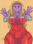  anthro blonde_hair camel_toe clothed clothing female generation_1_pokemon greenmasck hair hi_res jynx lips nintendo pokemon pokemon_(species) purple_body red_eyes solo thick_lips thick_thighs wide_hips 