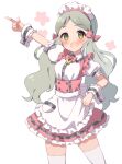  1girl 22nekone apron arm_up blush bow bowtie breasts commentary_request cowboy_shot dot_nose dress frilled_apron frilled_skirt frills green_eyes grey_hair hair_bow hand_on_own_hip handa_roco idolmaster idolmaster_million_live! idolmaster_million_live!_theater_days index_finger_raised long_hair looking_at_viewer maid_headdress official_alternate_costume open_mouth pink_bow pink_bowtie pink_dress puffy_short_sleeves puffy_sleeves shirt short_sleeves skirt small_breasts smile solo thighhighs thighs twintails waist_apron white_apron white_background white_shirt white_thighhighs wrist_cuffs zettai_ryouiki 