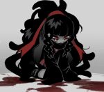  1girl azami_(kagerou_project) black_dress black_footwear black_hair blood_on_ground dress grey_background hair_ribbon high_ponytail highres kagerou_project long_hair parted_lips red_eyes red_ribbon ribbon scales shoes simple_background sleeves_past_fingers sleeves_past_wrists snake_hair solo tears tonkatsu184 very_long_hair 