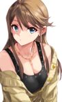  1girl bare_shoulders black_shirt blue_eyes blurry blush breasts brown_hair cardigan cleavage collarbone goshiki_suzu highres idolmaster idolmaster_million_live! idolmaster_million_live!_theater_days jewelry large_breasts long_hair long_sleeves looking_at_viewer necklace off_shoulder open_mouth parted_lips partially_unbuttoned shirt simple_background solo swept_bangs tank_top tokoro_megumi white_background yellow_cardigan 