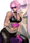  1girl black_bra black_choker blue_eyes bra breasts choker cleavage gloves highres hime_cut kittymiya leggings manon_legrand medal midriff pink_gloves pink_hair purple-tinted_eyewear short_hair_with_long_locks sidelocks solo street_fighter street_fighter_6 sunglasses tinted_eyewear underwear zoom_layer 