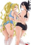  2girls absurdres all_might&#039;s_mother ass black_eyes black_hair black_shorts black_sports_bra blonde_hair blue_eyes blue_shorts blue_sports_bra boku_no_hero_academia closed_mouth dismaiden from_behind highres kneehighs long_hair looking_back multiple_girls ponytail shimura_nana short_shorts shorts smile socks sports_bra sportswear white_socks 