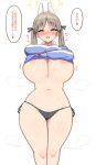  1girl aikome_(haikome) areola_slip bikini black_bikini black_panties blue_archive blush breasts brown_eyes brown_hair clothes_lift clothes_pull covered_nipples cowboy_shot curvy hair_ribbon halo highres huge_breasts lifted_by_self light_brown_hair long_hair looking_at_viewer moe_(blue_archive) navel nose_blush open_mouth panties pulled_by_self ribbon side-tie_bikini_bottom simple_background skindentation solo standing steaming_body stomach string_bikini sweat swimsuit thighs translation_request twintails underwear undressing white_background yellow_eyes 