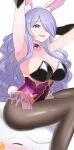  1girl absurdres animal_ears arm_up armpits breasts camilla_(fire_emblem) camilla_(spring)_(fire_emblem) choker cleavage fake_animal_ears fake_tail fire_emblem fire_emblem_fates fire_emblem_heroes hair_over_one_eye highres large_breasts leotard long_hair looking_at_viewer official_alternate_costume ondur7538315 open_mouth pantyhose playboy_bunny purple_eyes purple_hair rabbit_ears rabbit_tail tail 