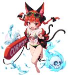  1girl :d absurdres alternate_costume animal_ear_fluff animal_ears bare_legs barefoot black_bow black_ribbon blunt_bangs blush bow breasts cat_ears cat_tail commentary_request eyewear_on_head floating_hair floating_skull full_body hair_bow hair_ribbon highres hitodama hiyaya_(kochi_michikaze) kaenbyou_rin leg_ribbon long_hair looking_at_viewer medium_breasts midriff multiple_tails navel nekomata ribbon simple_background smile solo sunglasses tail touhou tress_ribbon two_tails whistle whistle_around_neck white_background zombie_fairy_(touhou) 