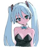  1girl aqua_hair bare_shoulders black_leotard blush bow bowtie breasts cleavage collarbone detached_collar expressionless green_eyes hair_between_eyes hatsune_miku kokaki_mumose leotard long_hair looking_at_viewer medium_breasts simple_background solo sweat twintails upper_body vocaloid white_background 
