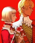  1boy 1girl berserk blonde_hair blue_eyes bob_cut brother_and_sister dress farnese_(berserk) flower highres nisino2222 profile red_dress red_flower red_rose rose serpico_(berserk) short_hair siblings 