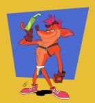  2023 absurd_res activision anthro bandicoot black_harness brown_nose bulge closed_smile clothing cocky cocky_smile crash_bandicoot crash_bandicoot_(series) eyebrows eyewear fingerless_gloves fur gloves green_eyewear green_sunglasses hair half-closed_eyes handwear harness hi_res holding_eyewear holding_object holding_sunglasses jockstrap looking_at_viewer male mammal marsupial mouth_closed narrowed_eyes orange_body orange_fur pride_month rainbow_jockstrap rainbow_pride_clothing raised_eyebrow red_hair red_sneakers signature simple_background smile smug solo standing sunglasses underwear yellow_background zepthehyerian 