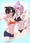  2girls :d absurdres animal_ears arm_behind_head armpits bare_arms bikini bikini_under_clothes black_bikini black_hair blue_eyes blue_shorts breasts cat_ears cat_girl cat_tail cleavage closed_mouth cowboy_shot front-tie_bikini_top front-tie_top highres hololive jacket looking_at_viewer medium_breasts medium_hair mottiie multi-strapped_bikini multiple_girls nail_polish navel nekomata_okayu oozora_subaru open_clothes open_jacket open_mouth open_shorts orange_bikini pink_hair pink_nails purple_eyes short_hair short_ponytail short_shorts shorts sideboob smile standing swimsuit tail v virtual_youtuber white_jacket 