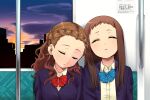  2girls blazer blue_bow blue_bowtie blue_jacket bow bowtie braid braided_bangs breasts brown_hair building buttons closed_eyes cloud cloudy_sky collared_shirt commentary_request dusk facing_viewer flat_chest forehead hand_grip idolmaster idolmaster_cinderella_girls jacket koseki_reina leaning_on_person long_hair long_sleeves medium_breasts multiple_girls note okachi open_clothes open_jacket parted_lips red_bow red_bowtie school_uniform seki_hiromi shirt short_bangs sitting sky sleeping sleeping_upright train_interior upper_body wavy_hair window yellow_shirt 