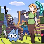  1girl 1other alex_(minecraft) arrow_(projectile) belt boots bow_(weapon) brown_pants creeper day enderman full_body green_eyes green_shirt highres hongya_(hongyatta) hongyatta long_hair minecraft minecraft_pickaxe orange_hair original outdoors pants shirt short_sleeves skeleton_(minecraft) sky standing weapon zombie_(minecraft) 