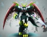  a10thunderboit armor cannon claws digimon dragon dragon_boy energy_sword glowing glowing_eyes highres horns imperialdramon_fighter_mode_(black) red_eyes sharp_teeth sword tail teeth weapon wings 