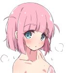  1girl blue_eyes blush bocchi_the_rock! breasts collarbone gotoh_futari looking_at_viewer mel_(melty_pot) naked_towel open_mouth pink_hair pink_towel short_hair side_ahoge simple_background small_breasts solo towel upper_body white_background 