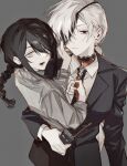  2girls arm_around_waist black_eyes black_hair black_necktie braid chainsaw_man expressionless frilled_eyepatch grey_background grey_shirt hair_between_eyes hair_over_one_eye half-closed_eyes hand_on_another&#039;s_cheek hand_on_another&#039;s_face highres holding holding_leash holding_radio leash leather_collar long_hair looking_at_viewer low_ponytail multiple_girls nayuta_(chainsaw_man) necktie open_mouth quanxi_(chainsaw_man) ringed_eyes sank shirt suit twitter_username upper_body very_long_hair white_hair white_shirt yellow_eyes yuri 