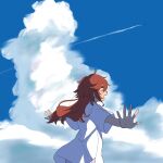  1girl blue_sky closed_eyes cloud cloudy_sky commentary_request day from_behind gundam gundam_suisei_no_majo hair_between_eyes highres lemoontya long_hair open_mouth outdoors outstretched_arms red_hair shirt short_sleeves sky smile solo standing suletta_mercury white_shirt 