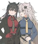  2girls animal_ear_fluff animal_ears arknights arm_around_shoulder belt black_belt black_hair black_jacket black_shorts blue_shirt breasts brown_jacket brown_necktie brown_shorts closed_mouth collared_shirt ear_piercing english_text gloves gloves_removed grey_eyes hair_between_eyes hair_ornament hairclip hand_on_another&#039;s_shoulder hand_on_own_hip holding holding_clothes holding_gloves jacket lappland_(arknights) long_hair long_sleeves looking_at_another looking_to_the_side messy_hair multicolored_hair multiple_girls necktie official_alternate_costume open_clothes open_jacket orange_eyes piercing ponytail red_gloves red_hair red_shirt scar scar_on_face seri_(vyrlw) shirt shorts sidelocks simple_background smile striped striped_necktie striped_shorts texas_(arknights) texas_(willpower)_(arknights) two-tone_hair white_background wolf_ears wolf_girl yellow_necktie yuri 
