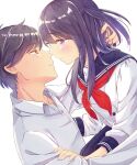  1boy 1girl black_eyes black_hair blue_sailor_collar blue_skirt blush buttons collared_shirt dutch_angle eye_contact face-to-face from_side hair_between_eyes hand_around_neck hetero highres idoly_pride imminent_kiss long_hair long_sleeves looking_at_another makino_kouhei nagase_mana neckerchief one_side_up open_collar parted_lips purple_eyes purple_hair raised_eyebrows red_neckerchief sailor_collar shirt short_hair sidelocks simple_background skirt straight_hair swept_bangs teeth tenmusu_(aw_hd8) white_background white_shirt 