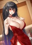 1girl :d ahoge azur_lane bare_shoulders blush bottle breasts choker collarbone dress evening_gown hair_ornament highres indoors large_breasts long_hair one_side_up open_mouth red_choker red_dress side_slit smile solo spaghetti_strap strap_pull taihou_(azur_lane) taihou_(forbidden_feast)_(azur_lane) very_long_hair yorugami_rei 