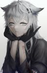  1girl aiv animal_ears arknights black_gloves blood blood_on_clothes blood_on_face blue_eyes fur_trim gloves hands_on_own_cheeks hands_on_own_face highres lappland_(arknights) long_sleeves looking_at_viewer parted_lips scar scar_across_eye scar_on_face simple_background solo upper_body white_background wolf_ears 