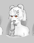  1boy 1girl animal_ears arknights bear_ears breasts cleavage collarbone completely_nude erection fangs fellatio gummy_(arknights) highres licking licking_penis long_tongue noneka nude oral partially_colored penis red_eyes saliva_on_penis short_hair smile spot_color tongue very_long_tongue 