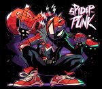  1boy \m/ absurdres electric_guitar guitar highres holding holding_instrument instrument looking_at_viewer male_focus marvel mask punk rariatto_(ganguri) red_footwear shoes sneakers solo spider-man:_across_the_spider-verse spider-man_(series) spider-punk spikes squatting vest 