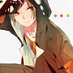  1boy black_jacket closed_mouth color7 diagonal_stripes holding holding_mask hood hood_up hoodie jacket kagerou_project kano_shuuya layered_sleeves light_brown_hair looking_to_the_side lowres male_focus mask orange_hair red_eyes shirt short_hair smile striped striped_background white_background 