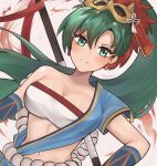  1girl bandeau blue_shirt blush breasts cleavage collarbone commentary earrings fire_emblem fire_emblem:_the_blazing_blade fire_emblem_heroes green_eyes green_hair hair_between_eyes highres jewelry large_breasts long_hair looking_at_viewer lyn_(fire_emblem) mask mask_on_head midriff navel official_alternate_costume ponytail purrlucii sarashi shirt single-shoulder_shirt single_bare_shoulder single_sleeve smile solo stomach strapless tube_top upper_body very_long_hair 
