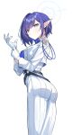  1girl absurdres aoi_(blue_archive) blue_archive blue_eyes blue_necktie gloves halo highres long_skirt looking_at_viewer necktie pointy_ears purple_hair shirt skirt solo tamago_(eva1314056) white_gloves white_shirt white_skirt 