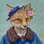  accessory anthro black_nose blue_background brooch broom canid canine cleaning_tool clothing dipstick_ears female flower flower_in_hair formal formal_wear fox fur fur_trim_(clothing) gown green_background hair hair_accessory handpaw hat headgear headshot_portrait headwear hi_res icon jacket mammal multicolored_ears painting_(artwork) paws plant portrait realistic_fur red_fox simple_background solo topwear traditional_media_(artwork) whiskers white_body white_fur yellow_eyes 