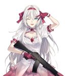  1girl ;d an-94 an-94_(girls&#039;_frontline) assault_rifle blue_eyes breasts cleavage_cutout clothing_cutout collarbone dress girls&#039;_frontline gloves gun hair_ribbon hand_up highres holding holding_weapon long_hair one_eye_closed open_mouth puffy_sleeves red_dress red_gloves red_ribbon ribbon rifle short_sleeves simple_background small_breasts smile solo suprii trigger_discipline two-tone_dress v very_long_hair weapon white_background white_dress white_hair 