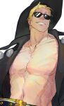  1boy abs bare_pectorals black_headwear blonde_hair coat guilty_gear hat highres johnny_(guilty_gear) l4r3justdead large_belt large_pectorals looking_to_the_side male_focus muscular muscular_male open_clothes pectorals smile solo sunglasses upper_body 