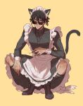  1boy animal_ears apron black_dress black_footwear black_hair black_socks cat_boy cat_ears cat_tail cigarette crossdressing dress facial_hair full_body grey_eyes grin highres holding holding_cigarette kneehighs long_sleeves looking_at_viewer maid maid_apron maid_headdress male_focus male_maid nicholas_d._wolfwood shaneludwig999 shoes short_hair simple_background smile socks solo squatting sunglasses tail trigun trigun_stampede yellow_background 