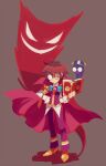  1boy blue_bow book bow bowtie brown_background cape clock collared_shirt dadadanoda expressionless full_body glasses hair_between_eyes hand_on_hip highres holding holding_book klug_(puyopuyo) long_sleeves male_focus messy_hair opaque_glasses partially_opaque_glasses puyopuyo red_cape red_eyes red_hair round_eyewear shirt short_hair simple_background sleeve_cuffs solo standing strange_klug vest white_shirt 