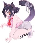  1girl animal_ears arknights black_hair breasts brown_eyes cat_ears cat_girl cat_tail high_heels highres kochiya_(gothope) looking_at_viewer medium_breasts rockrock_(arknights) short_hair sleeveless solo squatting tail white_background 