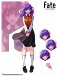  1girl :d black_skirt blush fate/stay_night fate_(series) highres homurahara_academy_school_uniform honeycomb_(pattern) honeycomb_background kore_(kore) light_smile long_hair matou_sakura purple_eyes purple_hair red_ribbon ribbon school_uniform shirt shoes skirt smile socks sweat sweatdrop white_socks 